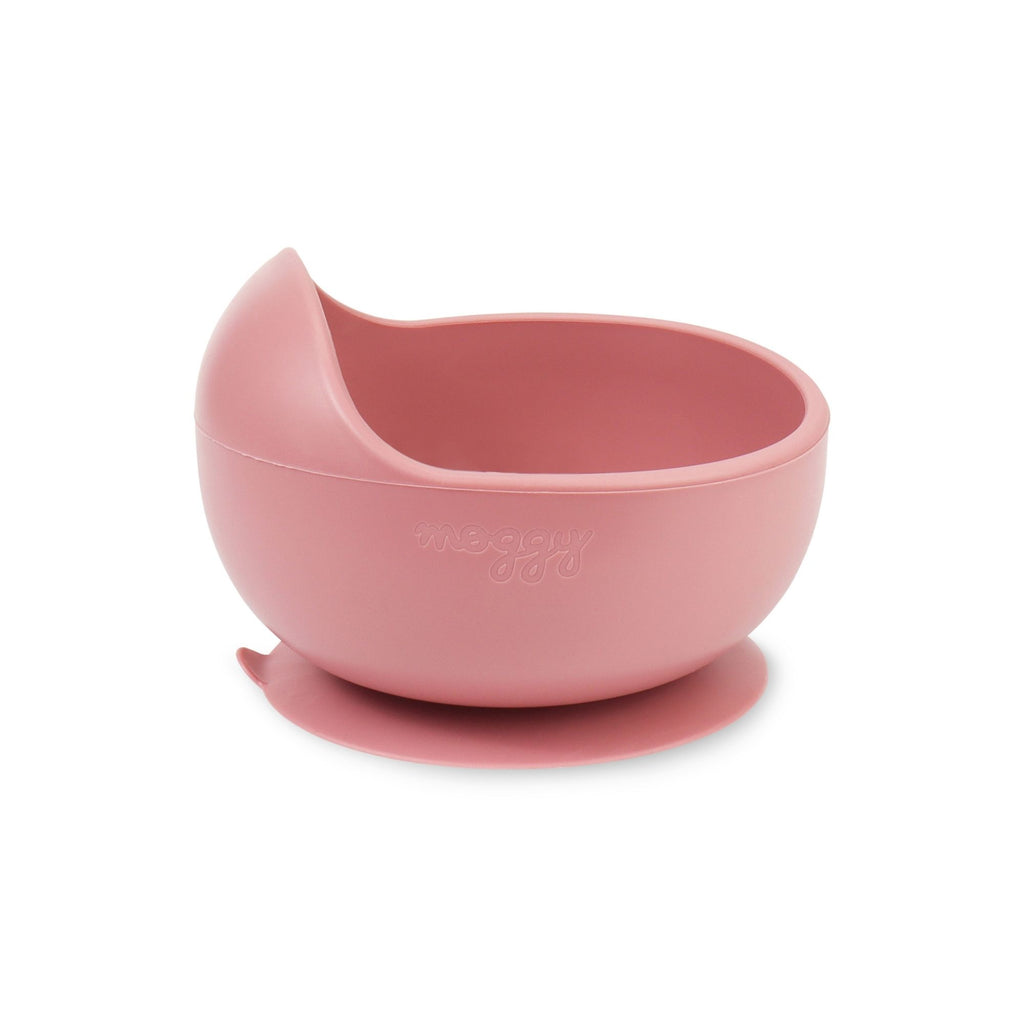 Bowl entrenador adherible de silicona grado alimenticio especial para la alimentación complementaria color rosa marca Moggy