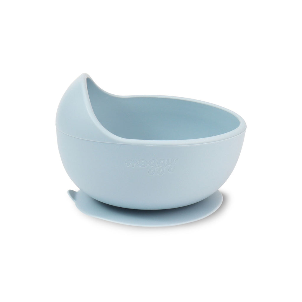 Bowl entrenador adherible de silicona grado alimenticio especial para la alimentación complementaria color azul marca Moggy